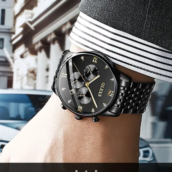 OLEVS 2868 Luxurious Waterproof Braided Stainless Steel Chain Men's Quartz Watch – Dial Color: Black, Strap Color: Black – View 2