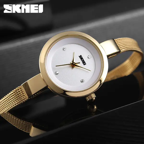 SKMEI 1390 Elegant Quartz Stainless Steel Luxury Women's Watch – Dial Color: White, Strap Color: Gold  – View 2