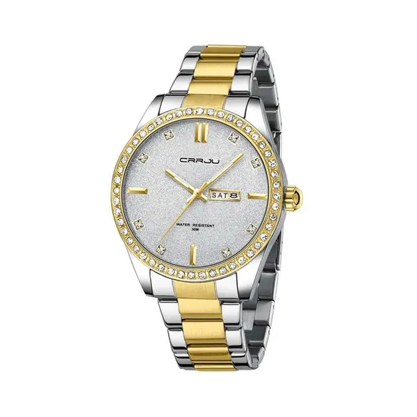 CRRJU 5008 Stainless Steel Quartz Function Classic Fashion Men's Watch – Dial Color: Silver, Strap Color: Gold  – View 1