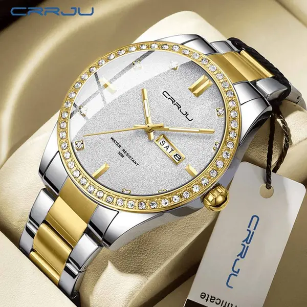 CRRJU 5008 Stainless Steel Quartz Function Classic Fashion Men's Watch – Dial Color: Silver, Strap Color: Gold  – View 2