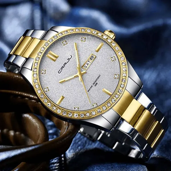CRRJU 5008 Stainless Steel Quartz Function Classic Fashion Men's Watch – Dial Color: Silver, Strap Color: Gold  – View 3
