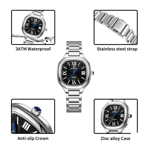 NAVIFORCE NF5042 Waterproof Stainless Steel Women's Watch – Dial Color: Black, Strap Color: Silver – View 3