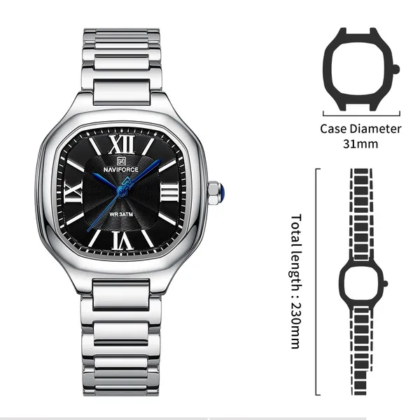 NAVIFORCE NF5042 Waterproof Stainless Steel Women's Watch – Dial Color: Black, Strap Color: Silver – View 5