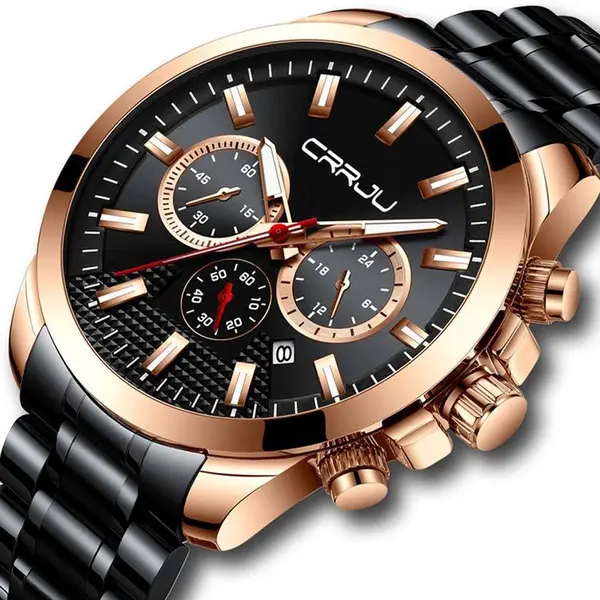CRRJU 2286 High Quality Stainless Steel Multifunctional Quartz Classic Men's Watch – Dial Color: Rose Black, Strap Color: Black – View 2
