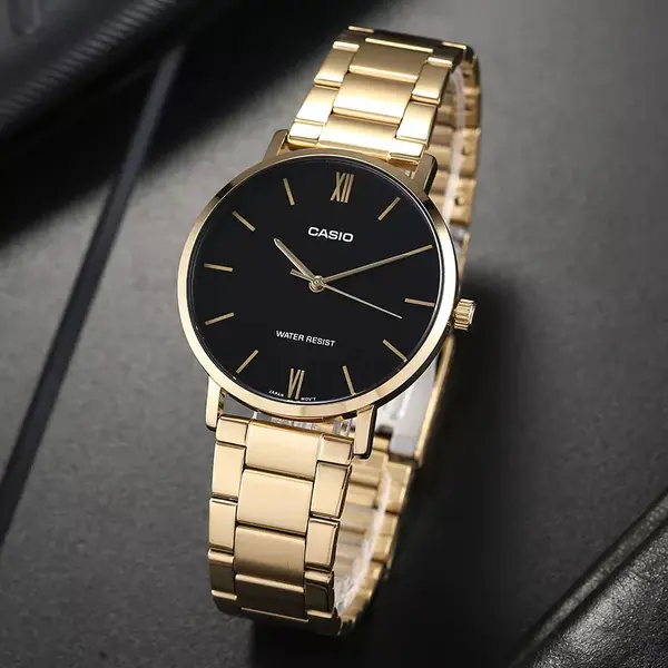 Casio MTP-VT01D-2BUDF Enticer Men's Analog Stainless Steel Chain Wristwatch – Dial Color: Black, Strap Color: Gold – View 2