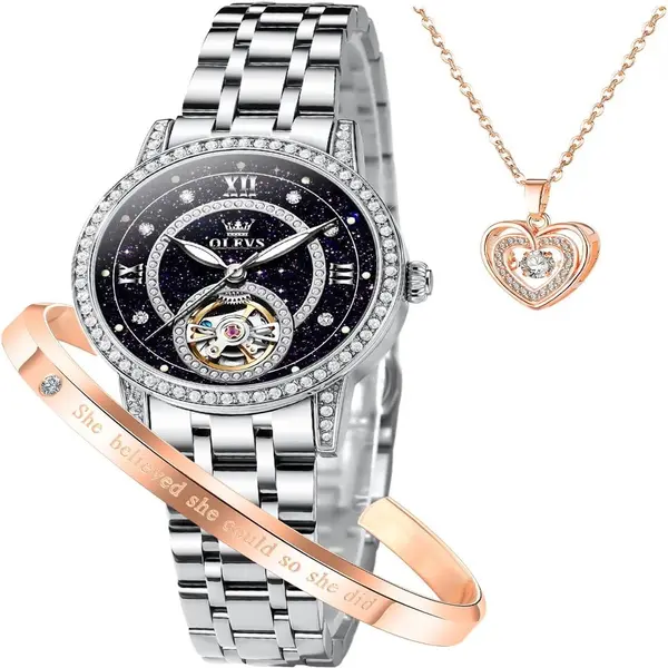 OLEVS 7036 Luminous Hands Mechanical Waterproof Lady Watch – Dial Color: Black, Strap Color: Silver – View 3
