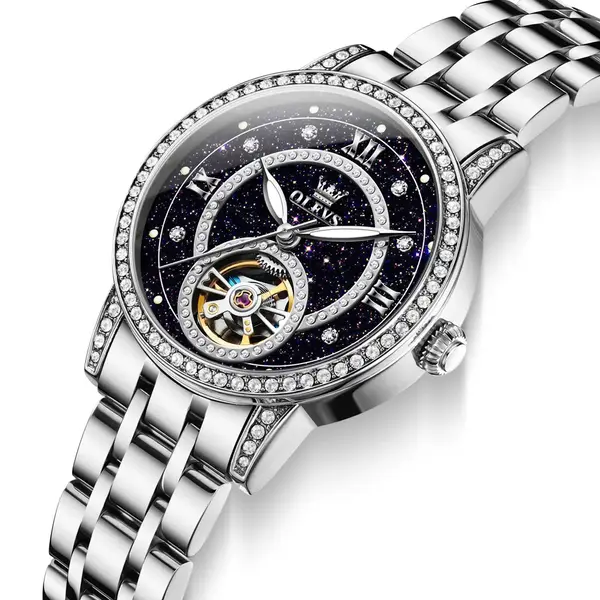 OLEVS 7036 Luminous Hands Mechanical Waterproof Lady Watch – Dial Color: Black, Strap Color: Silver – View 2