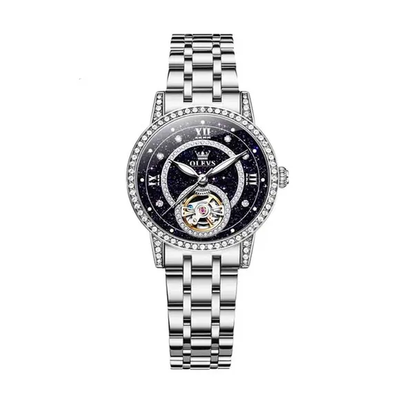 OLEVS 7036 Luminous Hands Mechanical Waterproof Lady Watch – Dial Color: Black, Strap Color: Silver – View 1