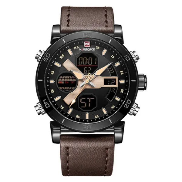 Naviforce 9132 Sport Military Dual Display Multifunction Men's Watch – Dial Color: Black, Strap Color: Brown – View 1