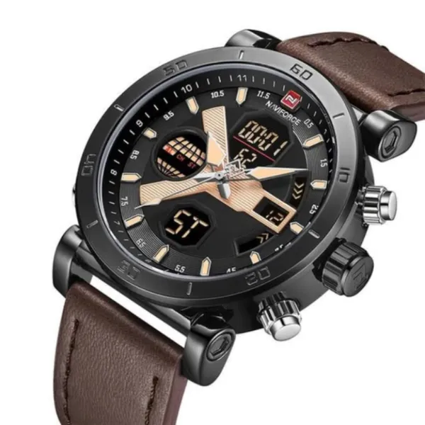 Naviforce 9132 Sport Military Dual Display Multifunction Men's Watch – Dial Color: Black, Strap Color: Brown – View 2