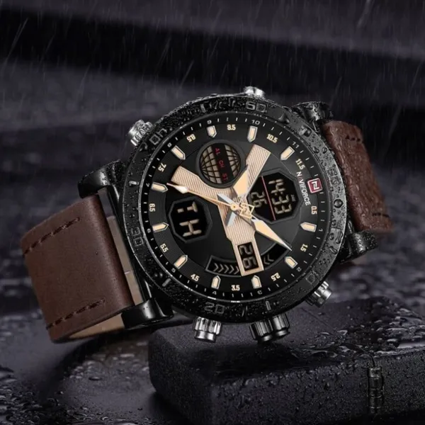 Naviforce 9132 Sport Military Dual Display Multifunction Men's Watch – Dial Color: Black, Strap Color: Brown – View 3