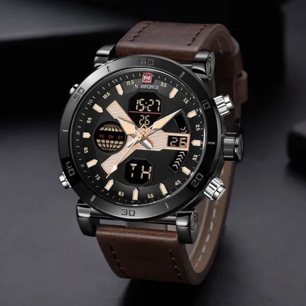 Naviforce 9132 Sport Military Dual Display Multifunction Men's Watch – Dial Color: Black, Strap Color: Brown – View 4