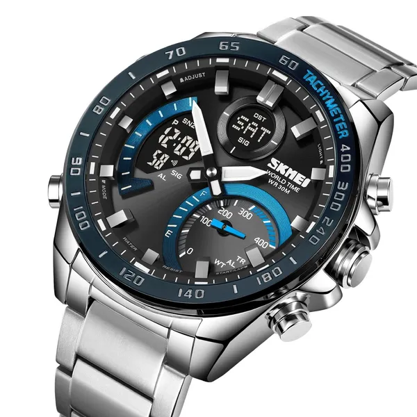 Skmei 1889 Dual Display Chronograph Stainless Steel Men's Watch – Dial Color: Blue, Strap Color: Silver – View 2