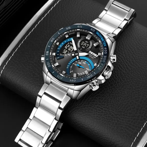 Skmei 1889 Dual Display Chronograph Stainless Steel Men's Watch – Dial Color: Blue, Strap Color: Silver – View 4