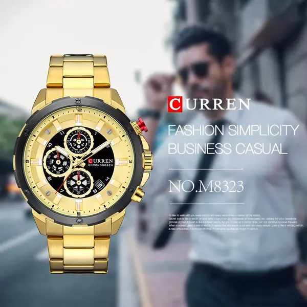 Curren 8323 Luxury Quartz Stainless Steel Chronograph Men's Watch – Dial Color: Gold, Strap Color: Gold – View 4