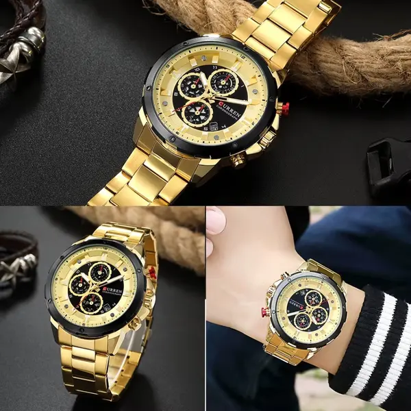 Curren 8323 Luxury Quartz Stainless Steel Chronograph Men's Watch – Dial Color: Gold, Strap Color: Gold – View 3