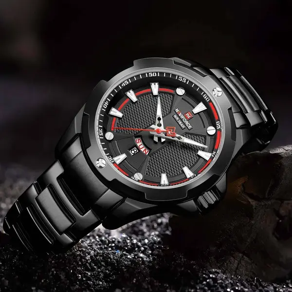 Naviforce NF9161 Luxury Stainless Steel Quartz Casual Fashion Men's Watch – Dial Color: Black, Strap Color: Black – View 3