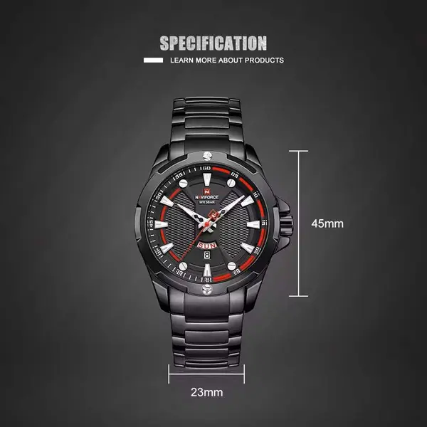 Naviforce NF9161 Luxury Stainless Steel Quartz Casual Fashion Men's Watch – Dial Color: Black, Strap Color: Black – View 4