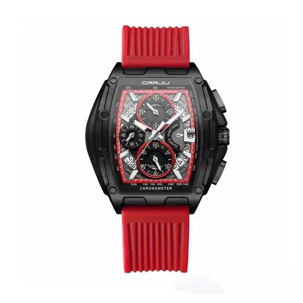 CRRJU 2317 Authentic Soft Silicone Strap Multifunctional Chronograph Sports Men's Watch – Dial Color: Black, Strap Color: Red – View 1