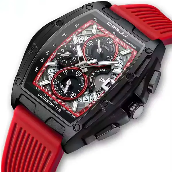 CRRJU 2317 Authentic Soft Silicone Strap Multifunctional Chronograph Sports Men's Watch – Dial Color: Black, Strap Color: Red – View 2