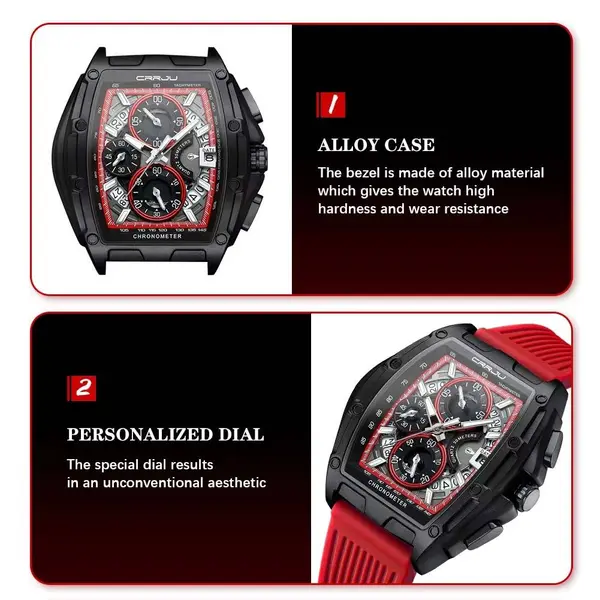 CRRJU 2317 Authentic Soft Silicone Strap Multifunctional Chronograph Sports Men's Watch – Dial Color: Black, Strap Color: Red – View 4