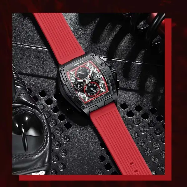 CRRJU 2317 Authentic Soft Silicone Strap Multifunctional Chronograph Sports Men's Watch – Dial Color: Black, Strap Color: Red – View 5