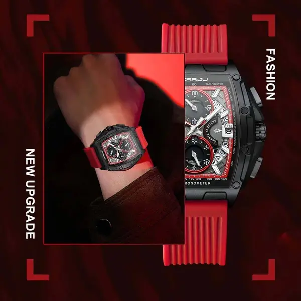 CRRJU 2317 Authentic Soft Silicone Strap Multifunctional Chronograph Sports Men's Watch – Dial Color: Black, Strap Color: Red – View 6