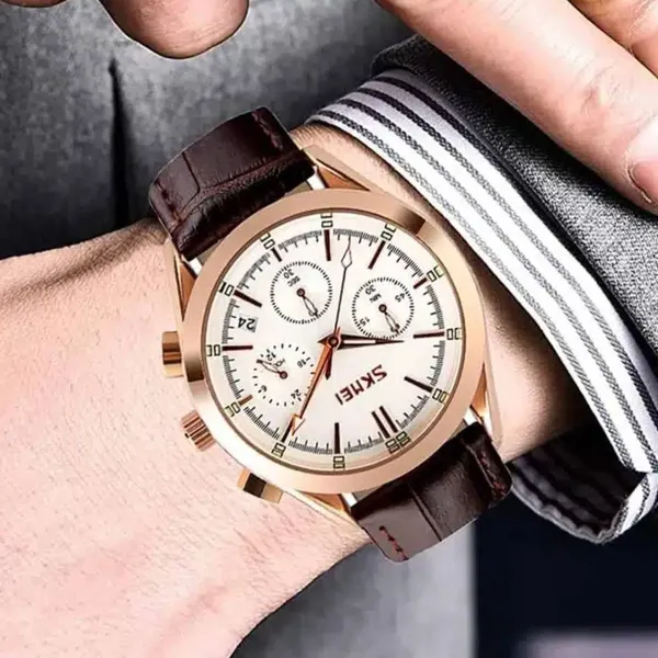 SKMEI 9127 Quartz Analog Leather Strap Casual Men's Watch – Dial Color: White, Strap Color: Rose – View 4