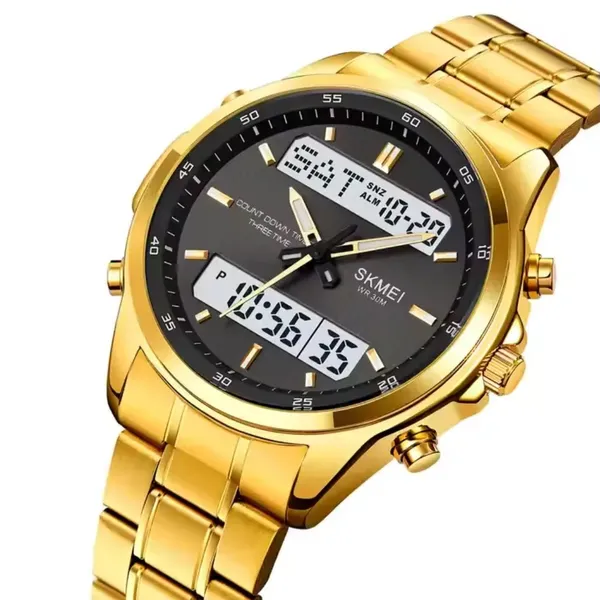Skmei 2049 Analog Digital Dual Display Men's Watch – Dial Color: Black, Strap Color: Gold  – View 2