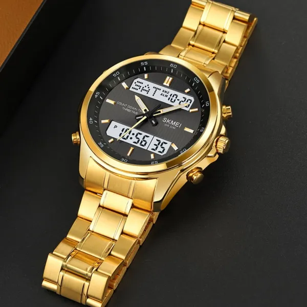 Skmei 2049 Analog Digital Dual Display Men's Watch – Dial Color: Black, Strap Color: Gold  – View 3