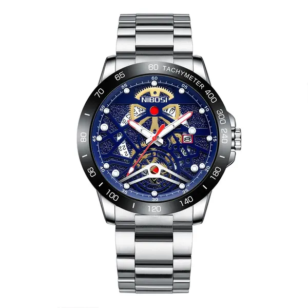 Nibosi 2388 Classic Stainless Steel Multifunctional Analog Fashion Men's Watch – Dial Color: Black, Strap Color: Silver – View 1