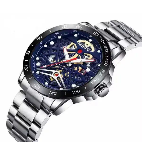 Nibosi 2388 Classic Stainless Steel Multifunctional Analog Fashion Men's Watch – Dial Color: Black, Strap Color: Silver – View 3