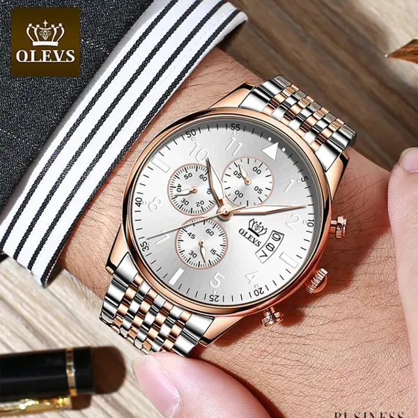 OLEVS 2869 Stainless Steel Chain Multifunctional Waterproof Luminous Men's Watch – Dial Color: White, Strap Color: Rose Gold – View 5
