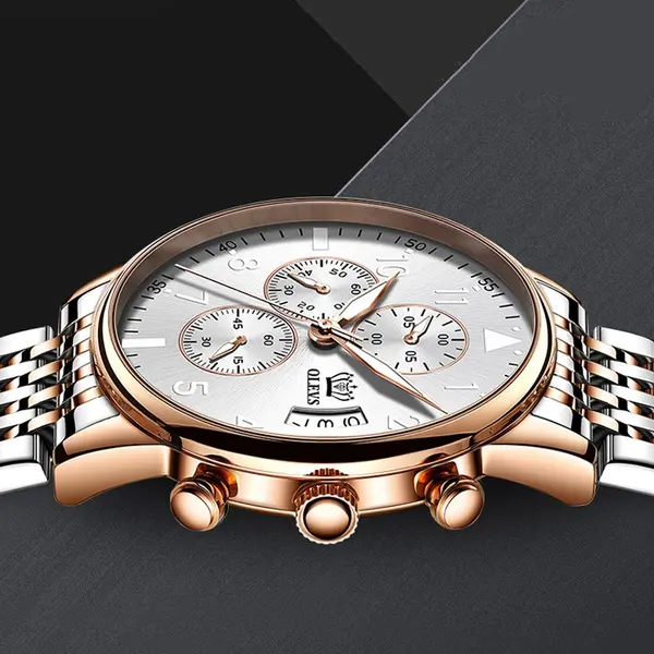 OLEVS 2869 Stainless Steel Chain Multifunctional Waterproof Luminous Men's Watch – Dial Color: White, Strap Color: Rose Gold – View 3