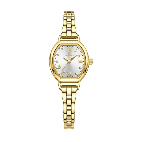 NAVIFORCE NF5035 Ladies High Quality Stainless Steel Waterproof Bracelet Elegant Barrel Shape Dress Watch – Dial Color: White, Strap Color: Gold  – View 1