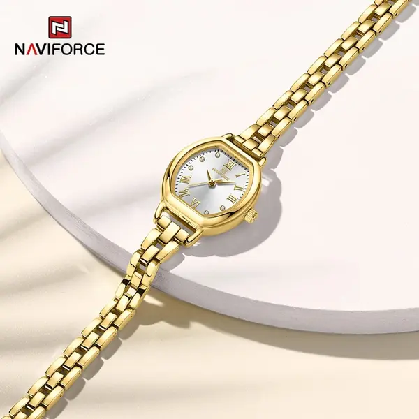 NAVIFORCE NF5035 Ladies High Quality Stainless Steel Waterproof Bracelet Elegant Barrel Shape Dress Watch – Dial Color: White, Strap Color: Gold  – View 3