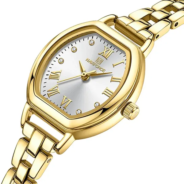 NAVIFORCE NF5035 Ladies High Quality Stainless Steel Waterproof Bracelet Elegant Barrel Shape Dress Watch – Dial Color: White, Strap Color: Gold  – View 2