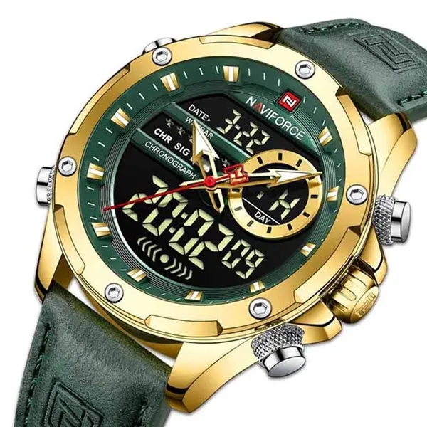 Naviforce NF9208 Genuine Leather Dual Display Luxury Fashion Men's Watch – Dial Color: Gold, Strap Color: Green  – View 3