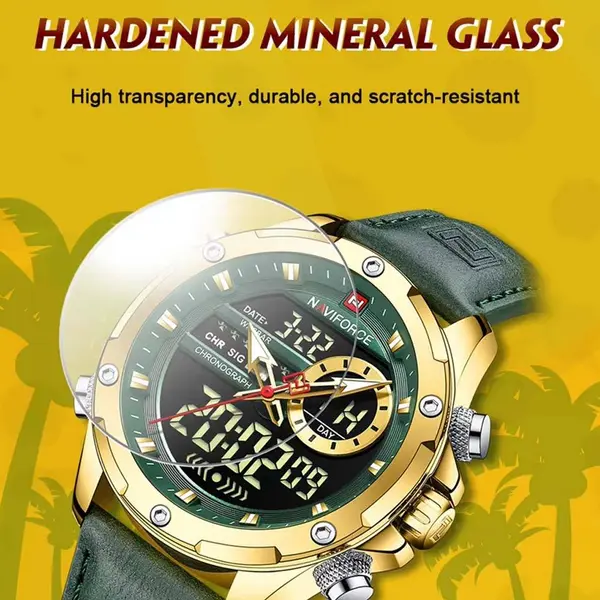 Naviforce NF9208 Genuine Leather Dual Display Luxury Fashion Men's Watch – Dial Color: Gold, Strap Color: Green  – View 4