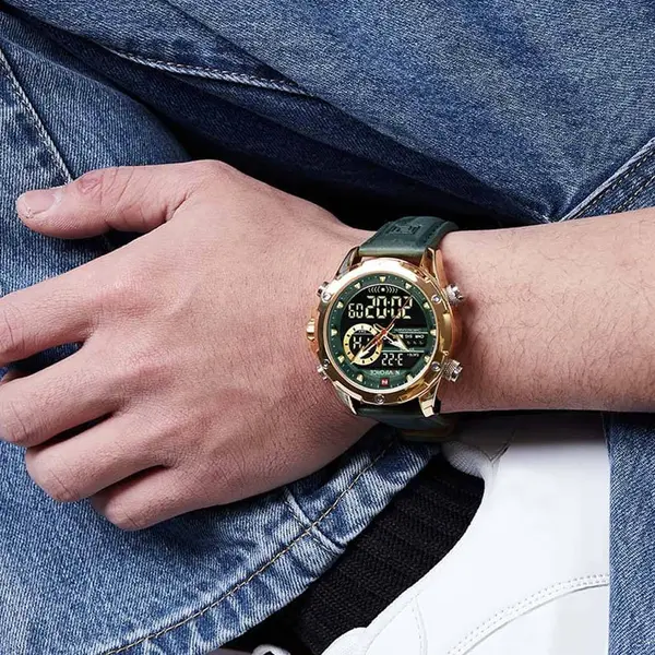 Naviforce NF9208 Genuine Leather Dual Display Luxury Fashion Men's Watch – Dial Color: Gold, Strap Color: Green  – View 5