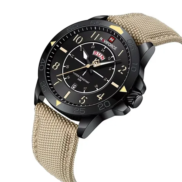 NAVIFORCE NF9204N Nylon Strap Waterproof Quartz Men’s Sport Watch – Dial Color: Black, Strap Color: Grey – View 2