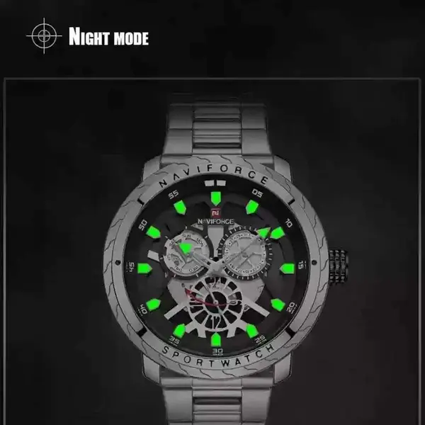 Naviforce NF9158 Luxury Stainless Steel Multifunctional Quartz Men's Watch – Dial Color: Silver, Strap Color: Silver – View 3