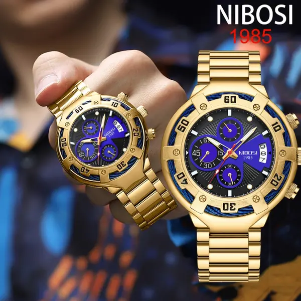 Nibosi 2577 Multifunctional Stainless Steel Fashionable Chronograph Analog Men's Watch – Dial Color: Purple, Strap Color: Gold – View 4