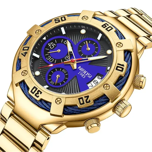Nibosi 2577 Multifunctional Stainless Steel Fashionable Chronograph Analog Men's Watch – Dial Color: Purple, Strap Color: Gold – View 2