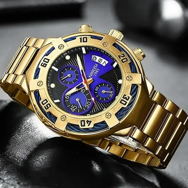 Nibosi 2577 Multifunctional Stainless Steel Fashionable Chronograph Analog Men's Watch – Dial Color: Purple, Strap Color: Gold – View 3