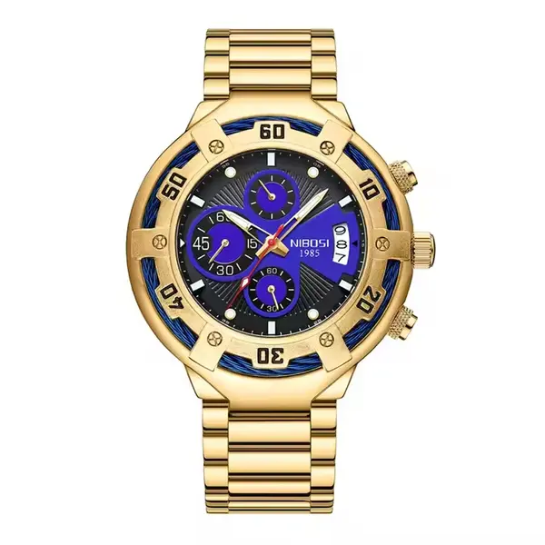 Nibosi 2577 Multifunctional Stainless Steel Fashionable Chronograph Analog Men's Watch – Dial Color: Purple, Strap Color: Gold – View 1