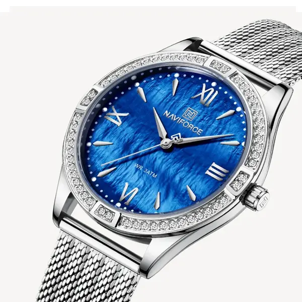 NAVIFORCE NF5028 Elegance casual Diamond Female Quartz Wristwatches – Dial Color: Blue, Strap Color: Silver – View 2