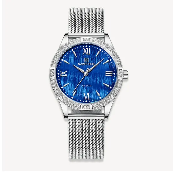 NAVIFORCE NF5028 Elegance casual Diamond Female Quartz Wristwatches – Dial Color: Blue, Strap Color: Silver – View 1