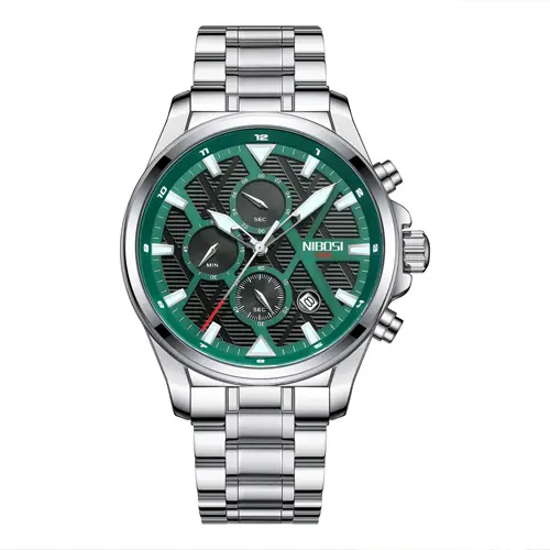Nibosi 2510 Waterproof & Chronograph Stylish Men's Watch – Dial Color: Green, Strap Color: White – View 1