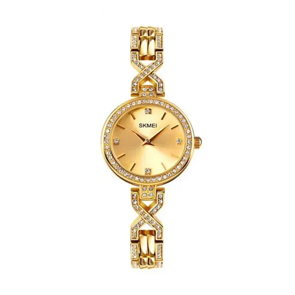 SKMEI 1738 Iced Elegant Round Dial Diamond Rhinestone Bracelet Design Women Watch – Dial Color: Gold, Strap Color: Gold  – View 1